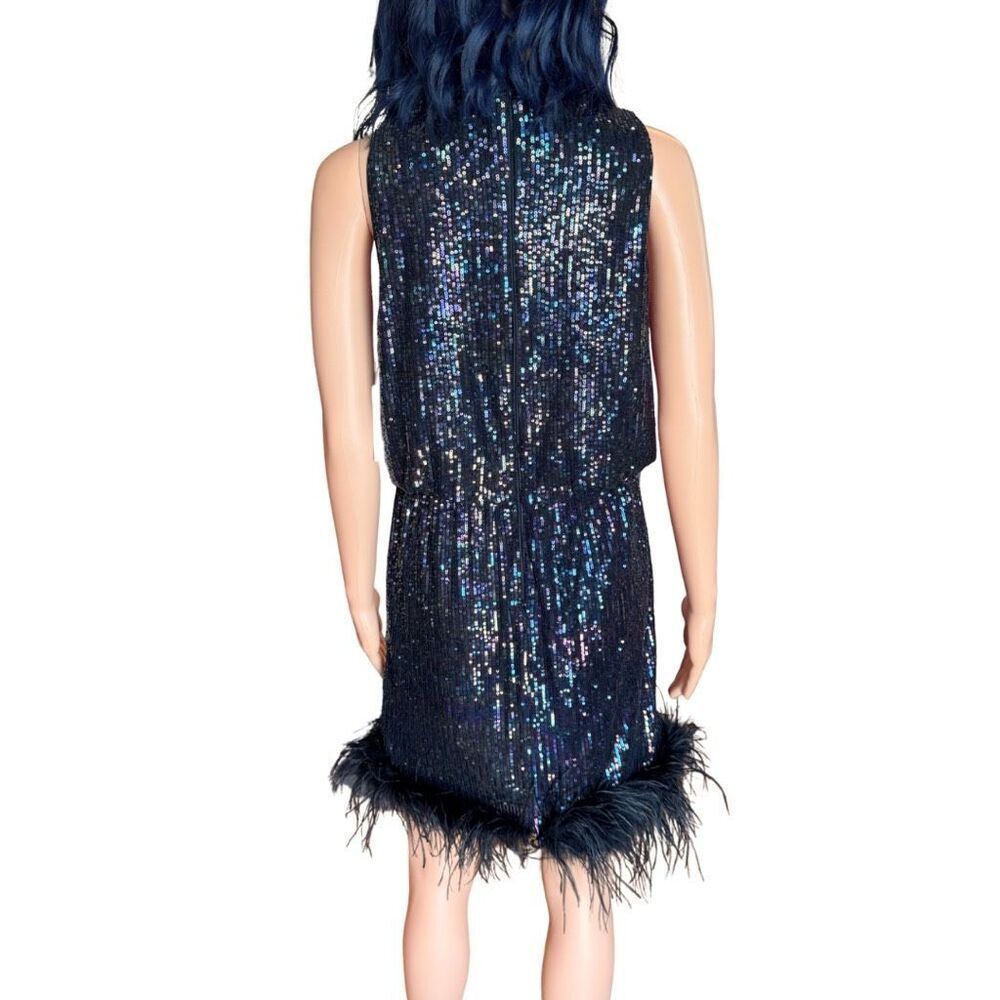 NWT Eliza J Black Feather Trim Sequin Blouson Mini Dress - Picture 7 of 8